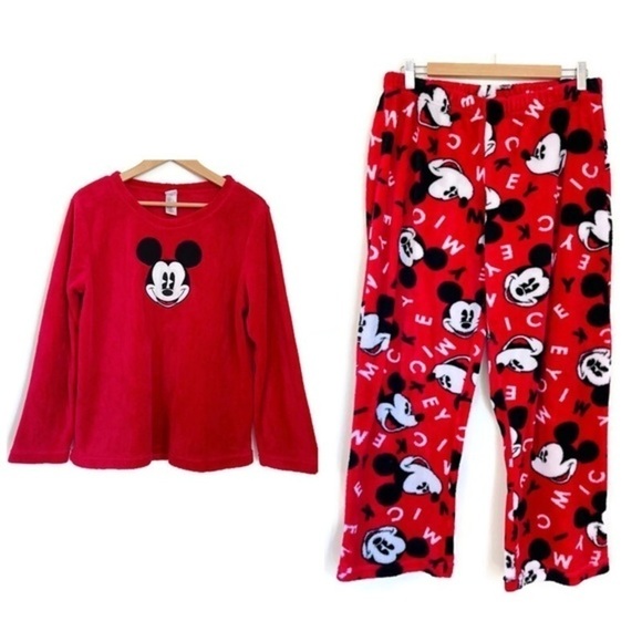 Disney‎ Embroidered Mickey Mouse Red Sleepwear Pajama Set - Size 12 - 14 - Picture 1 of 12